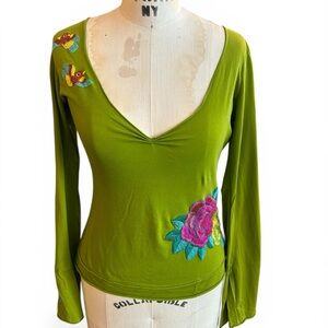 Floral Embroidered V-Neck Top Green Long Sleeves. Boho intricate thread work